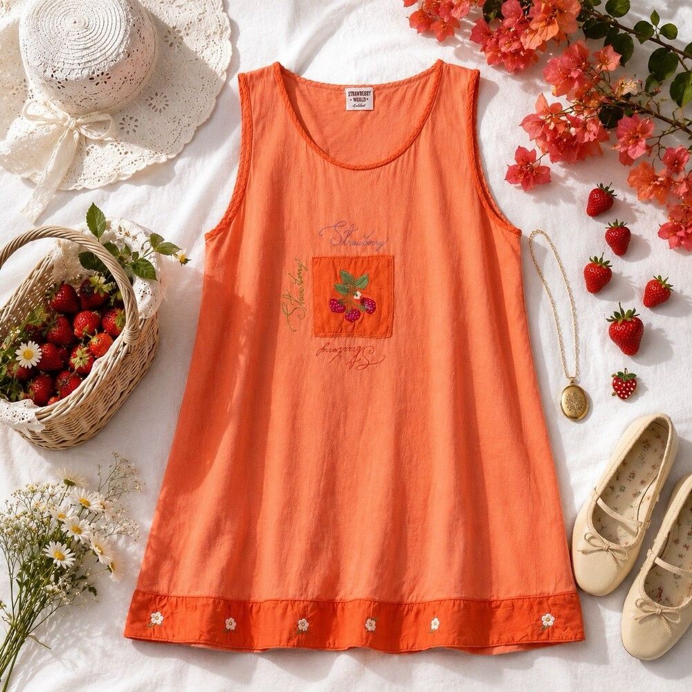 Vintage Johnny Was Strawberry Embroidered Tank Tunic Dress M Strawberrycore